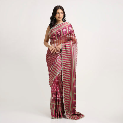 ‘Bloom Edit’ Mulberry Wine & Antique Sage Silk Banarasi Tissue Painterly Saree