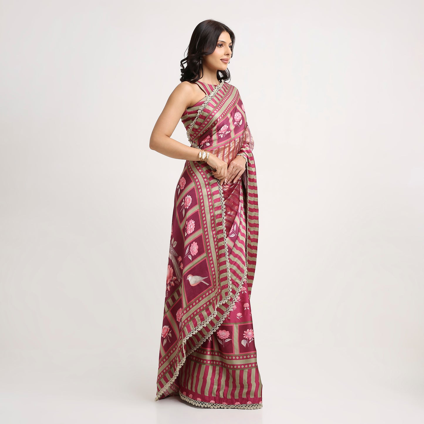 ‘Bloom Edit’ Mulberry Wine & Antique Sage Silk Banarasi Tissue Painterly Saree