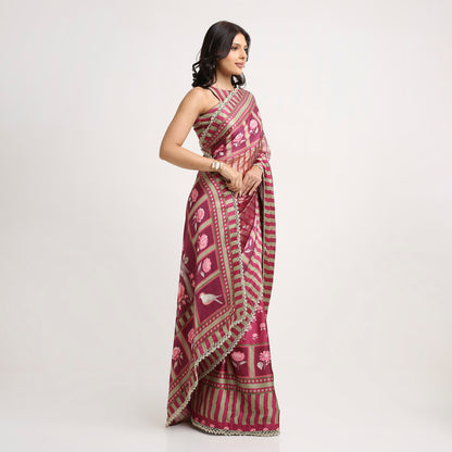 ‘Bloom Edit’ Mulberry Wine & Antique Sage Silk Banarasi Tissue Painterly Saree