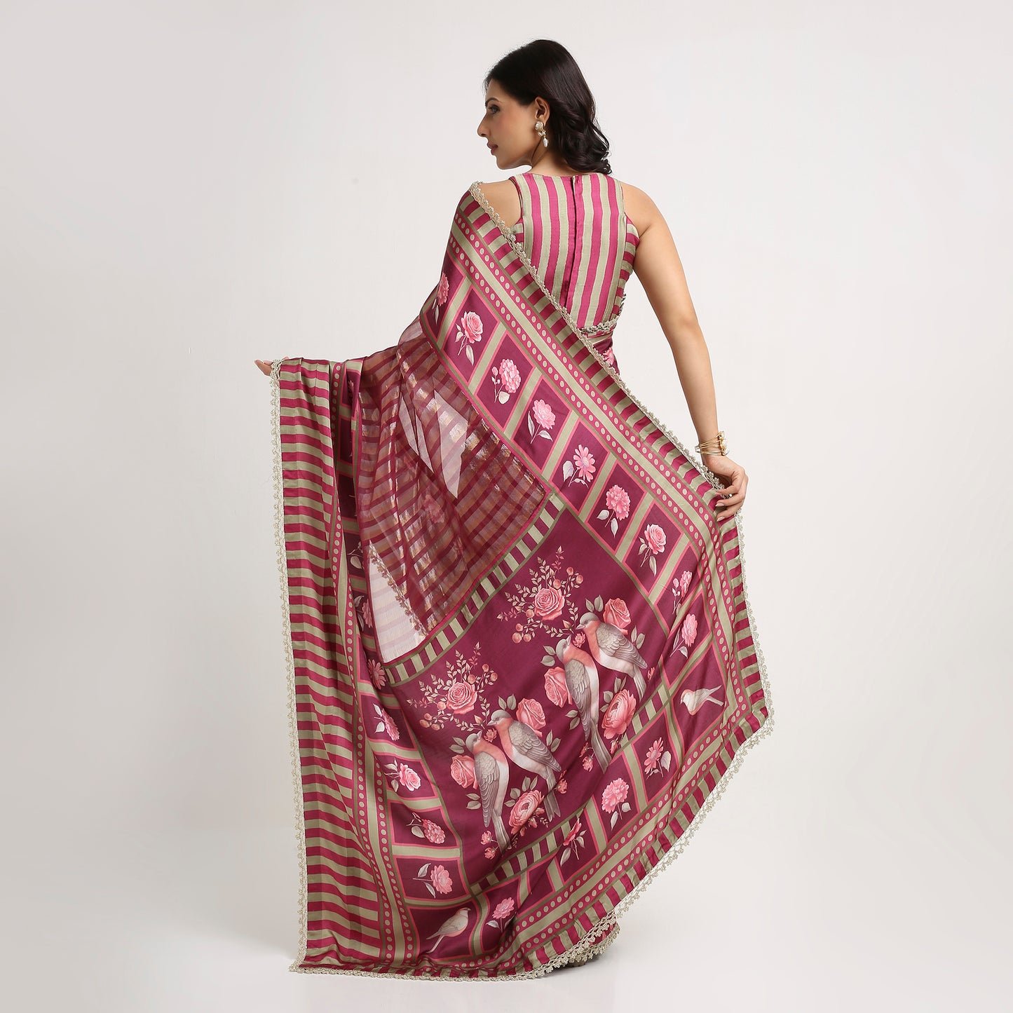 ‘Bloom Edit’ Mulberry Wine & Antique Sage Silk Banarasi Tissue Painterly Saree