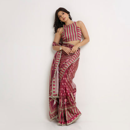 ‘Bloom Edit’ Mulberry Wine & Antique Sage Silk Banarasi Tissue Painterly Saree