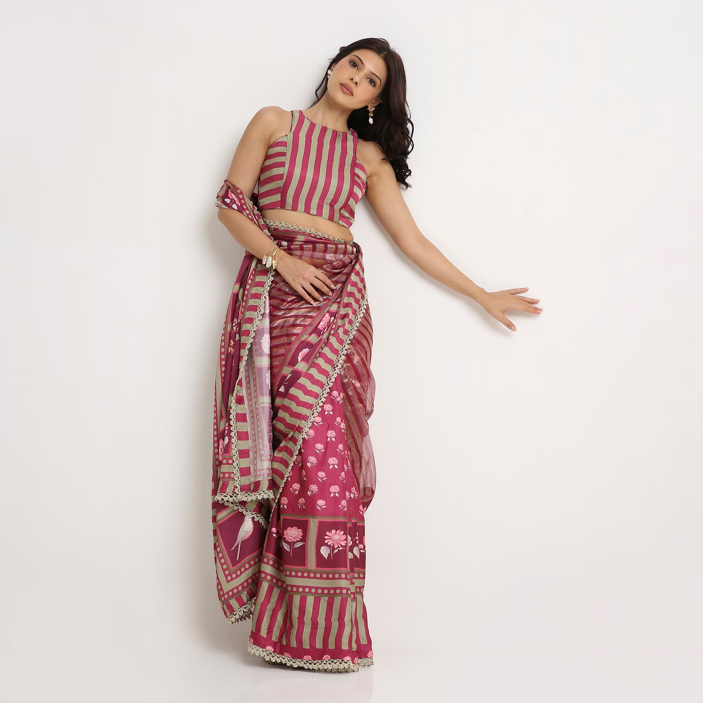 ‘Bloom Edit’ Mulberry Wine & Antique Sage Silk Banarasi Tissue Painterly Saree