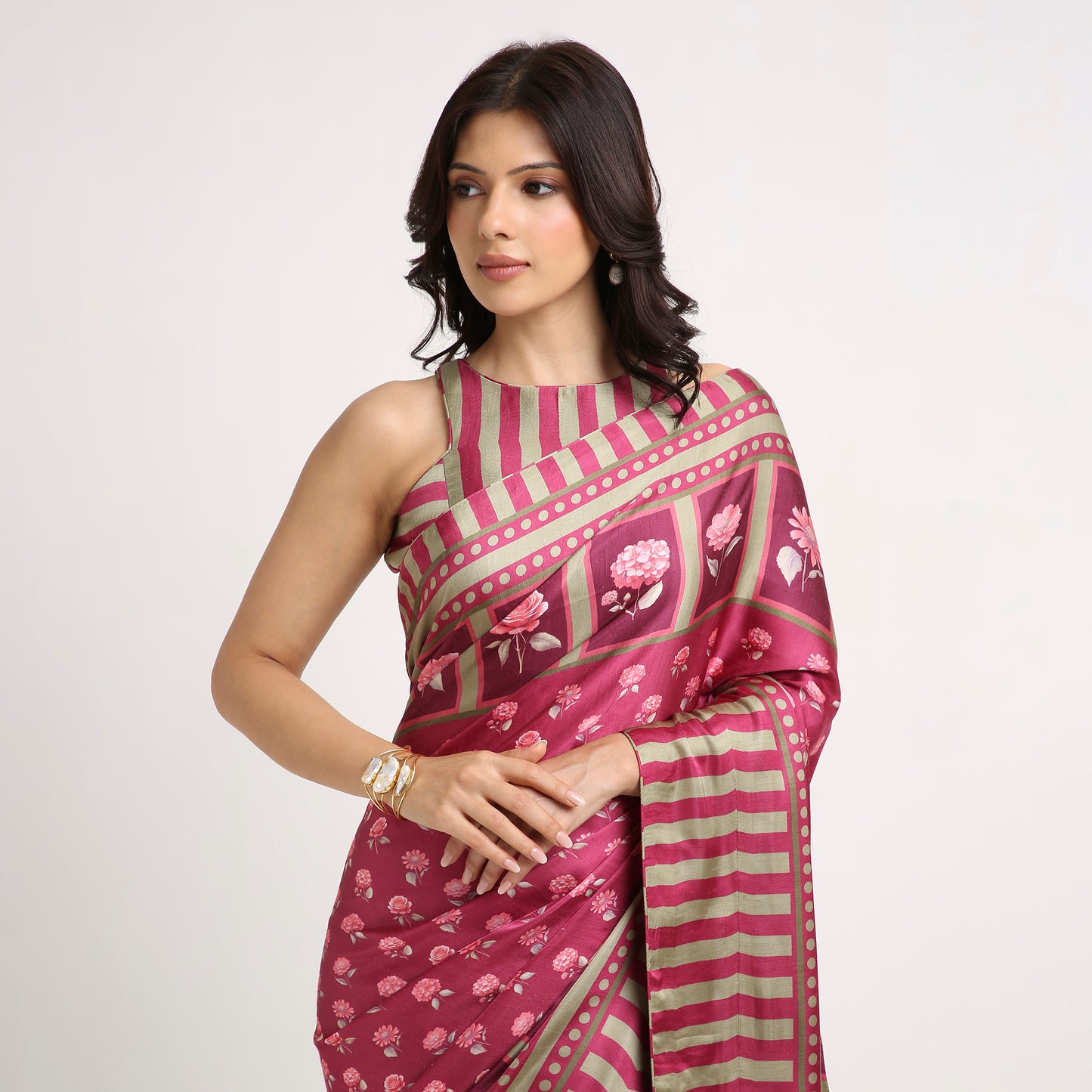 ‘Botanica Privée’ Mulberry Wine & Antique Sage Georgette Painterly Saree