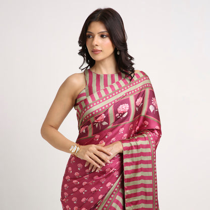 ‘Botanica Privée’ Mulberry Wine & Antique Sage Georgette Painterly Saree