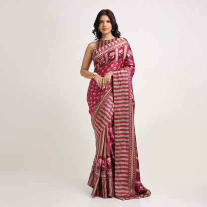 ‘Botanica Privée’ Mulberry Wine & Antique Sage Georgette Painterly Saree