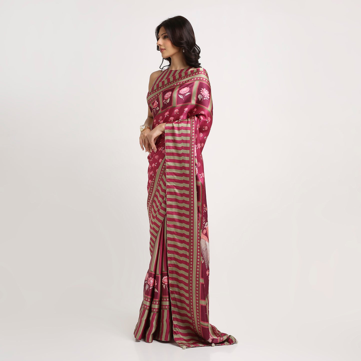 ‘Botanica Privée’ Mulberry Wine & Antique Sage Georgette Painterly Saree