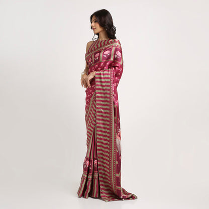 ‘Botanica Privée’ Mulberry Wine & Antique Sage Georgette Painterly Saree
