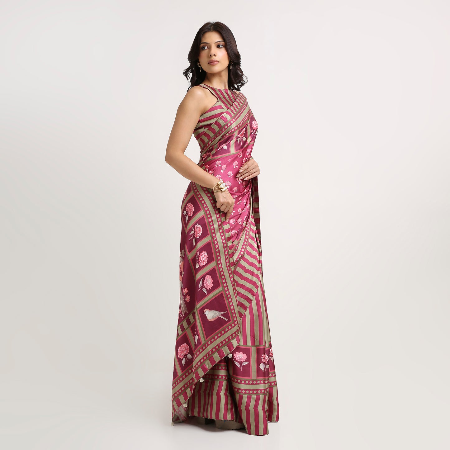 ‘Botanica Privée’ Mulberry Wine & Antique Sage Georgette Painterly Saree