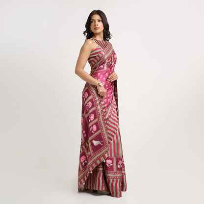 ‘Botanica Privée’ Mulberry Wine & Antique Sage Georgette Painterly Saree