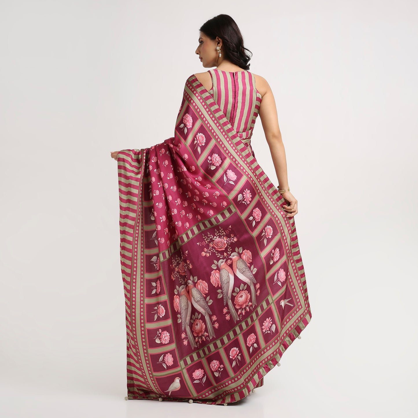 ‘Botanica Privée’ Mulberry Wine & Antique Sage Georgette Painterly Saree
