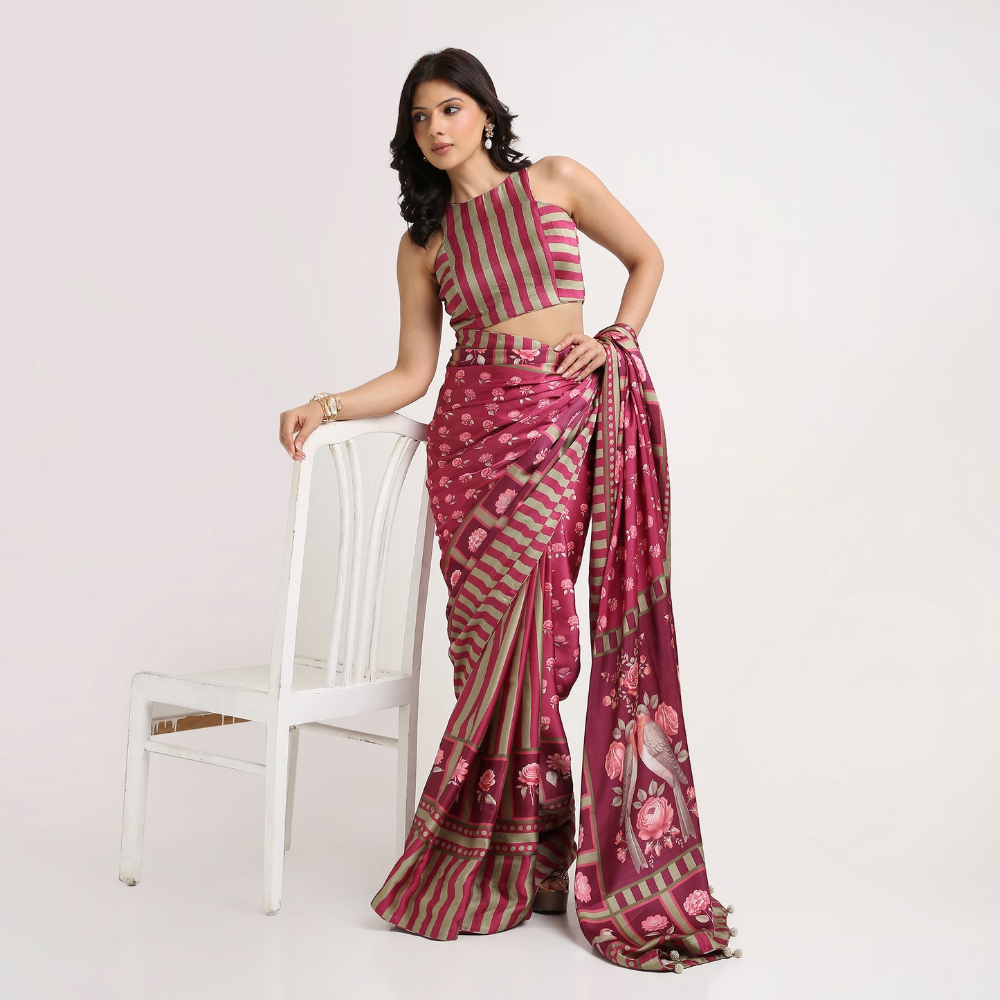 ‘Botanica Privée’ Mulberry Wine & Antique Sage Georgette Painterly Saree