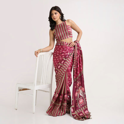 ‘Botanica Privée’ Mulberry Wine & Antique Sage Georgette Painterly Saree