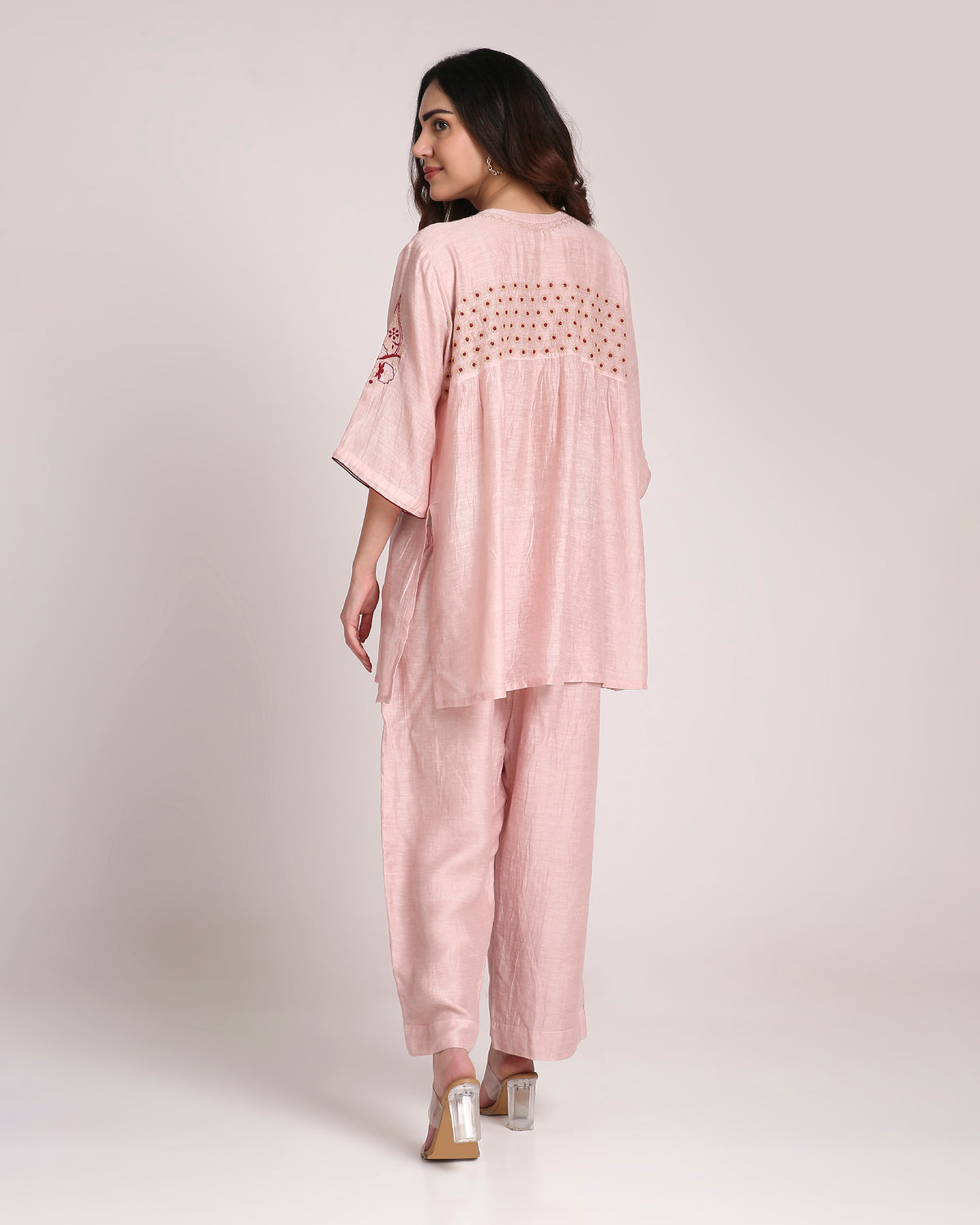 Blush Pink Chikankari Silk Co-ord Set – Burgundy & Ivory Embroidery