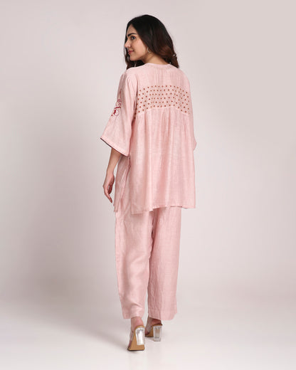 Blush Pink Chikankari Silk Co-ord Set – Burgundy & Ivory Embroidery
