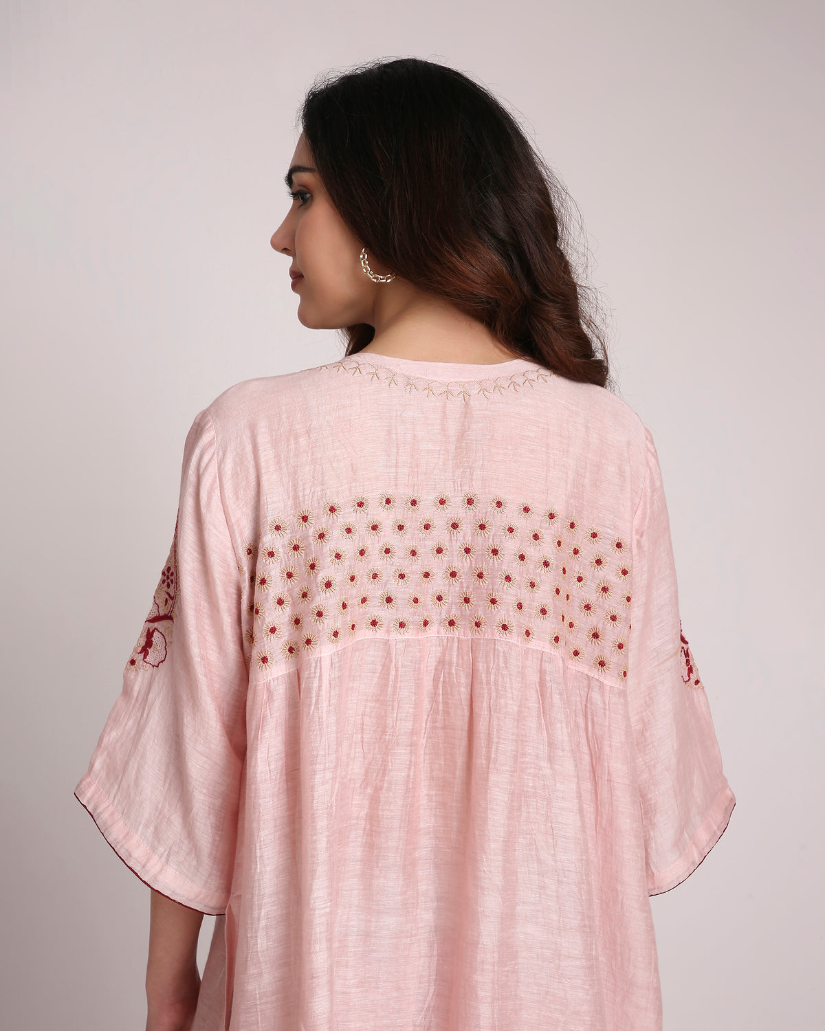 Blush Pink Chikankari Silk Co-ord Set – Burgundy & Ivory Embroidery