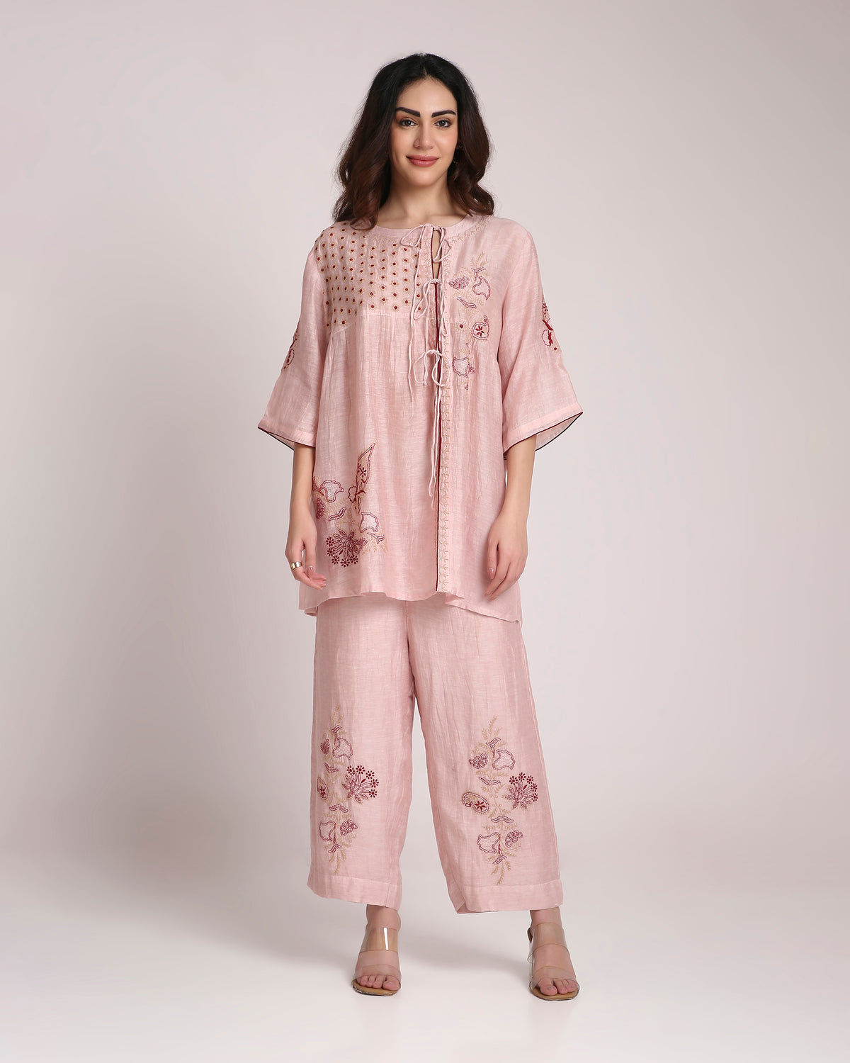 Blush Pink Chikankari Silk Co-ord Set – Burgundy & Ivory Embroidery