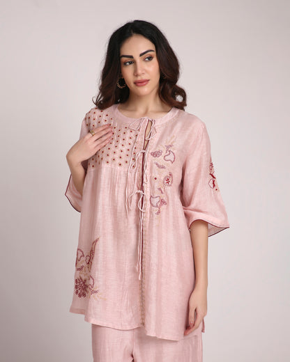 Blush Pink Chikankari Silk Co-ord Set – Burgundy & Ivory Embroidery