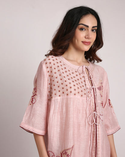 Blush Pink Chikankari Silk Co-ord Set – Burgundy & Ivory Embroidery