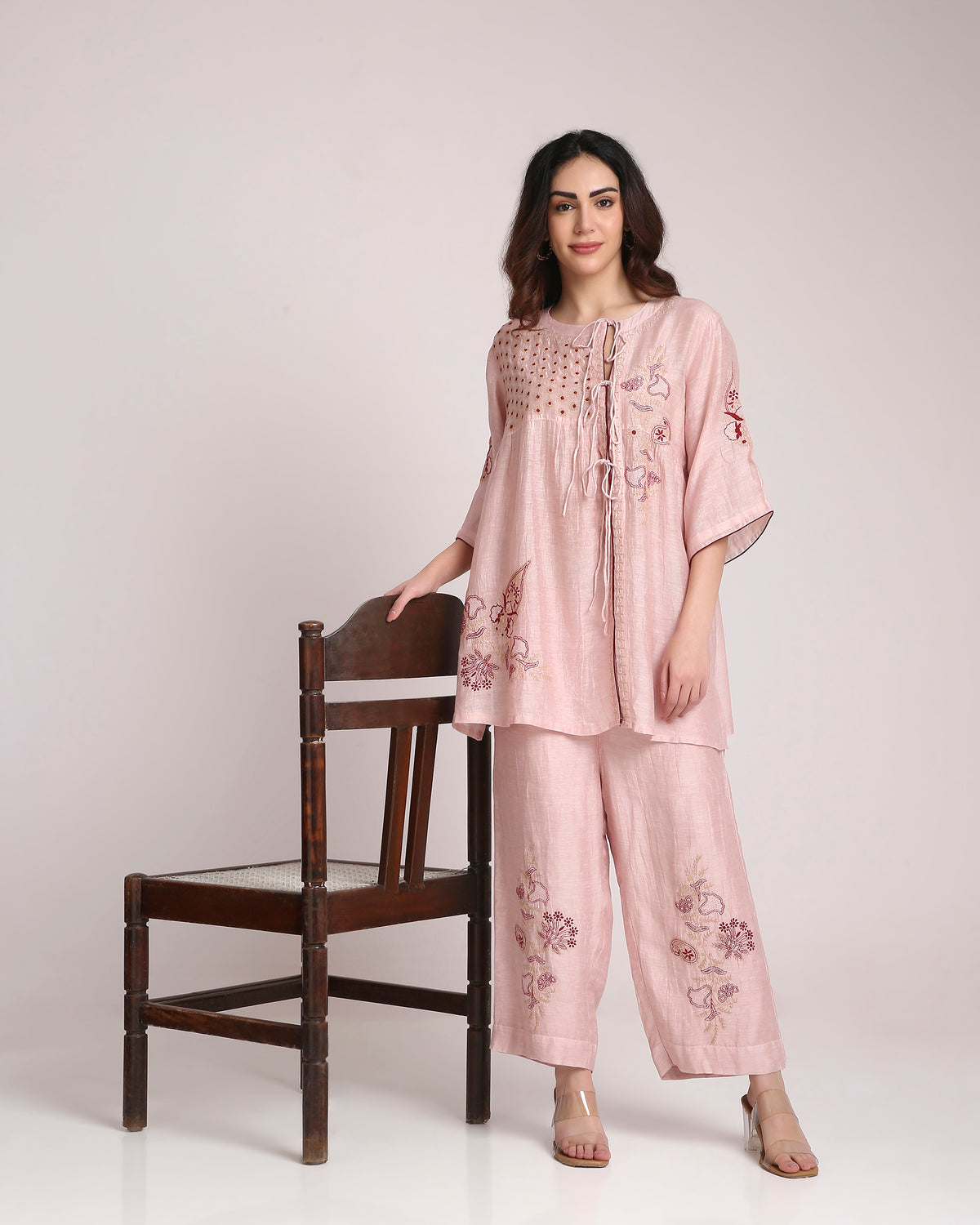 Blush Pink Chikankari Silk Co-ord Set – Burgundy & Ivory Embroidery