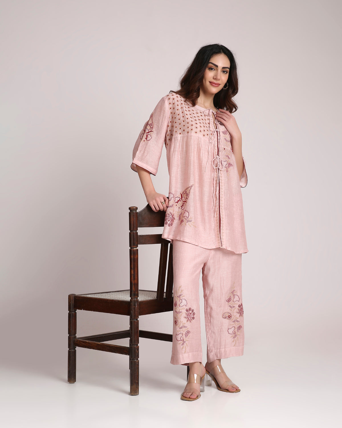 Blush Pink Chikankari Silk Co-ord Set – Burgundy & Ivory Embroidery
