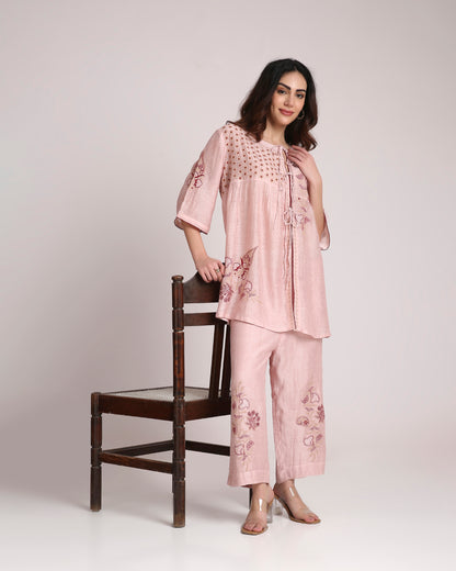 Blush Pink Chikankari Silk Co-ord Set – Burgundy & Ivory Embroidery