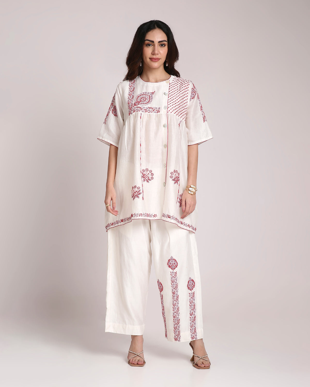 White Chikankari Silk Co-ord Set – Red & Dusty Mauve Embroidery