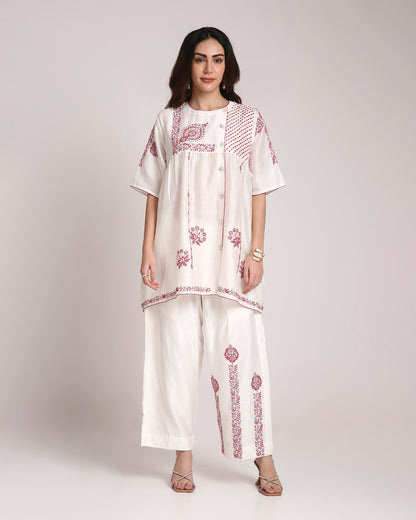 White Chikankari Silk Co-ord Set – Red & Dusty Mauve Embroidery