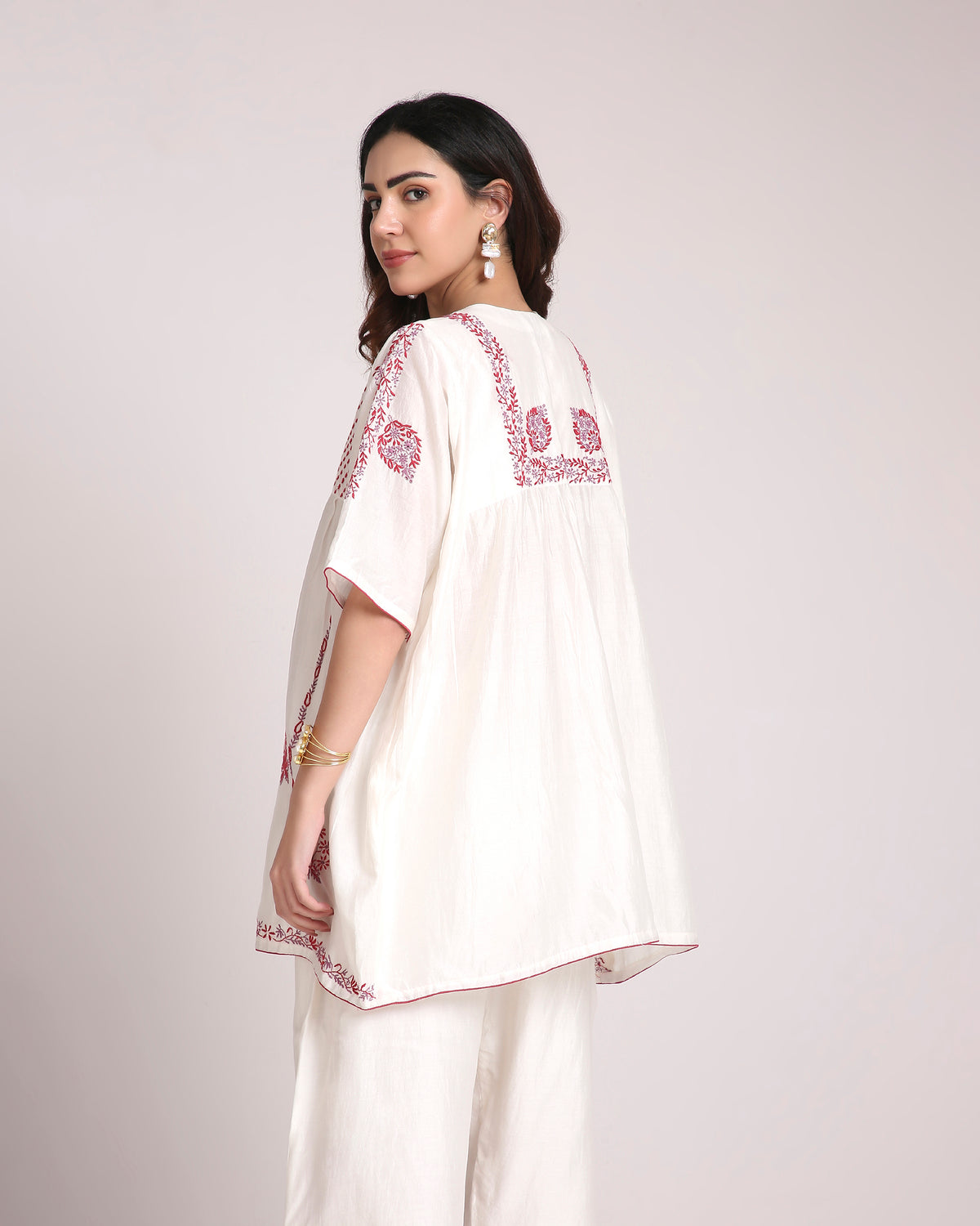 White Chikankari Silk Co-ord Set – Red & Dusty Mauve Embroidery