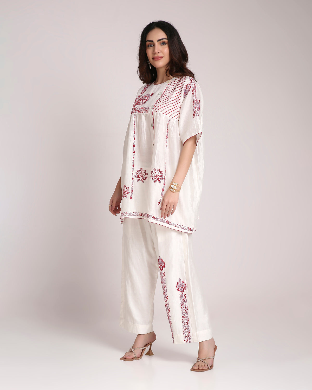 White Chikankari Silk Co-ord Set – Red & Dusty Mauve Embroidery