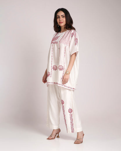 White Chikankari Silk Co-ord Set – Red & Dusty Mauve Embroidery