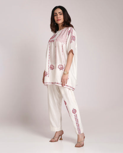 White Chikankari Silk Co-ord Set – Red & Dusty Mauve Embroidery