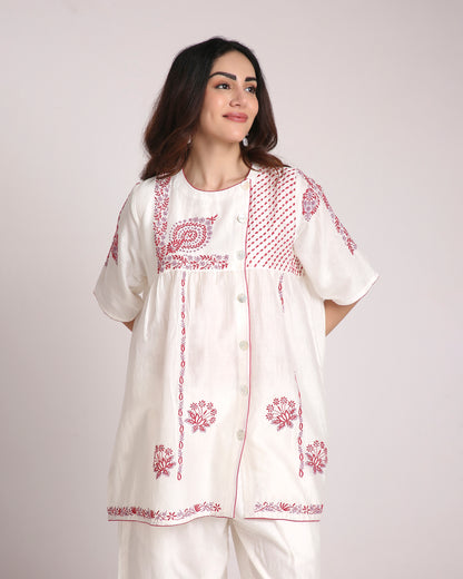 White Chikankari Silk Co-ord Set – Red & Dusty Mauve Embroidery