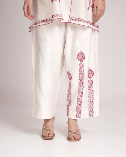 White Chikankari Silk Co-ord Set – Red & Dusty Mauve Embroidery