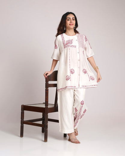 White Chikankari Silk Co-ord Set – Red & Dusty Mauve Embroidery