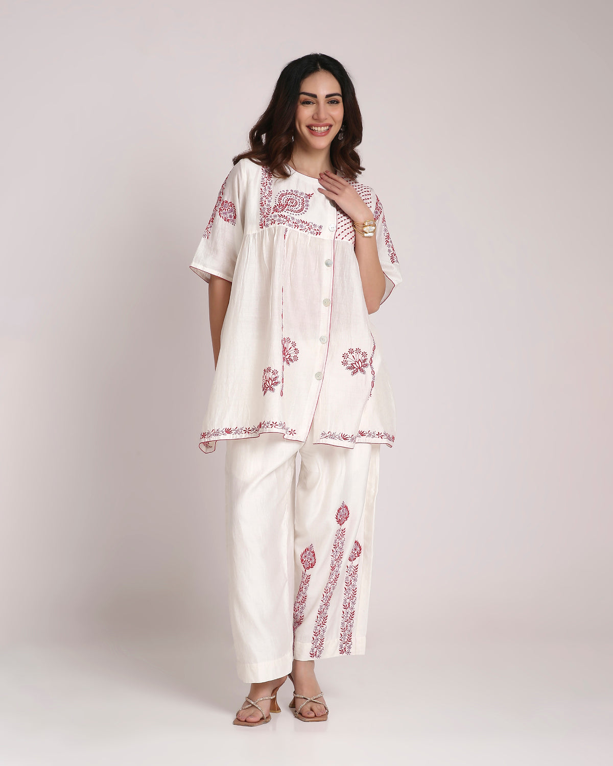 White Chikankari Silk Co-ord Set – Red & Dusty Mauve Embroidery