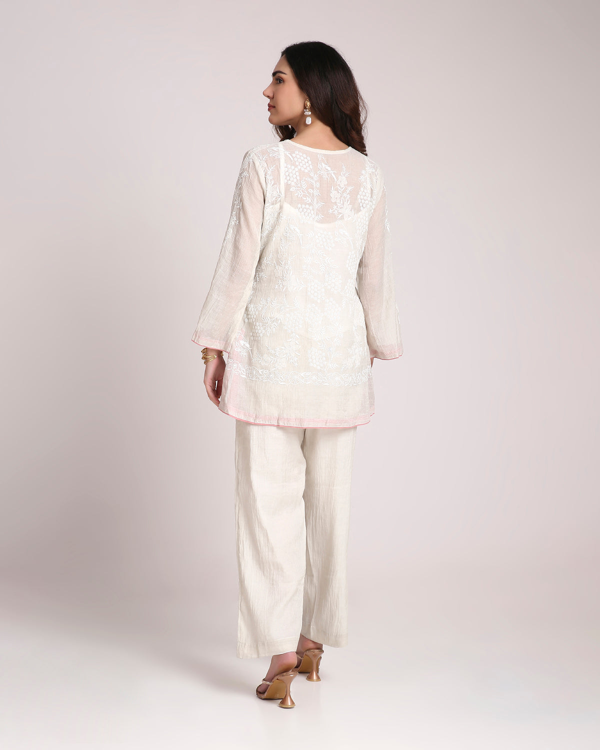 Silver Tissue Chikankari Silk Co-ord Set – Subtle White Embroidery