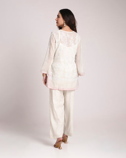 Silver Tissue Chikankari Silk Co-ord Set – Subtle White Embroidery