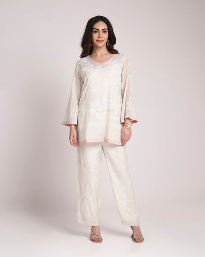 Silver Tissue Chikankari Silk Co-ord Set – Subtle White Embroidery