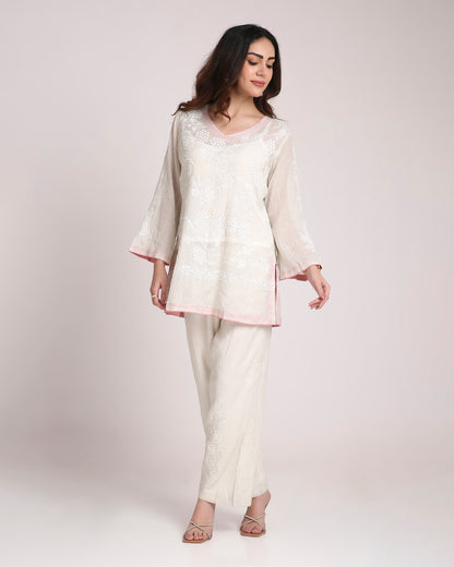 Silver Tissue Chikankari Silk Co-ord Set – Subtle White Embroidery