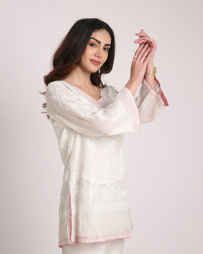 Silver Tissue Chikankari Silk Co-ord Set – Subtle White Embroidery