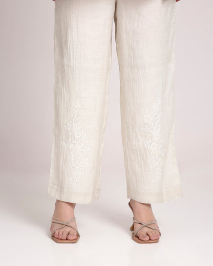 Silver Tissue Chikankari Silk Co-ord Set – Subtle White Embroidery