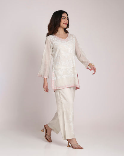 Silver Tissue Chikankari Silk Co-ord Set – Subtle White Embroidery