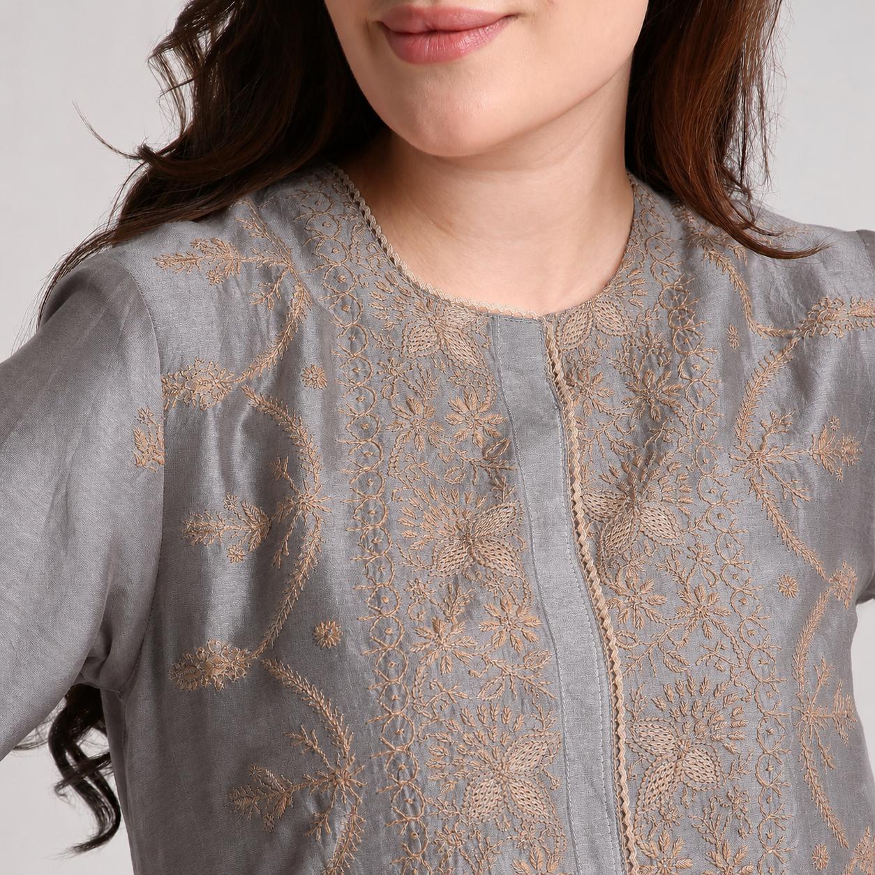 Chikankari Co ord in Dusty Blue Pure Chanderi Silk with Beige Embroidery