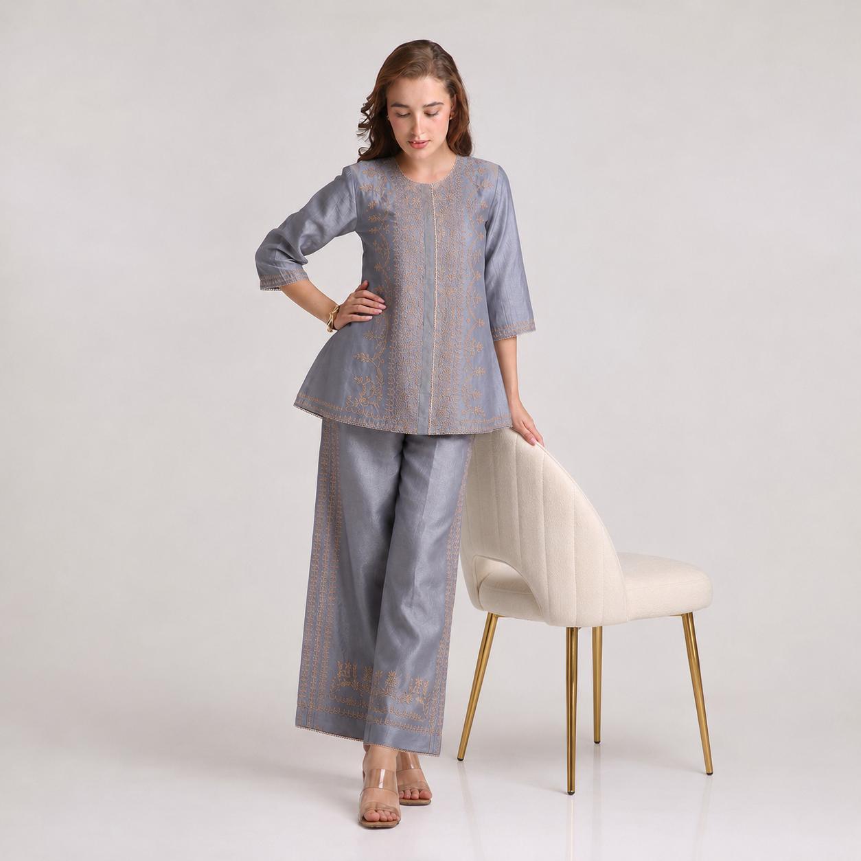 Chikankari Co ord in Dusty Blue Pure Chanderi Silk with Beige Embroidery
