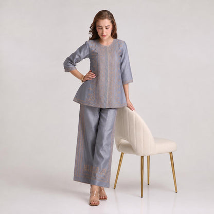 Chikankari Co ord in Dusty Blue Pure Chanderi Silk with Beige Embroidery