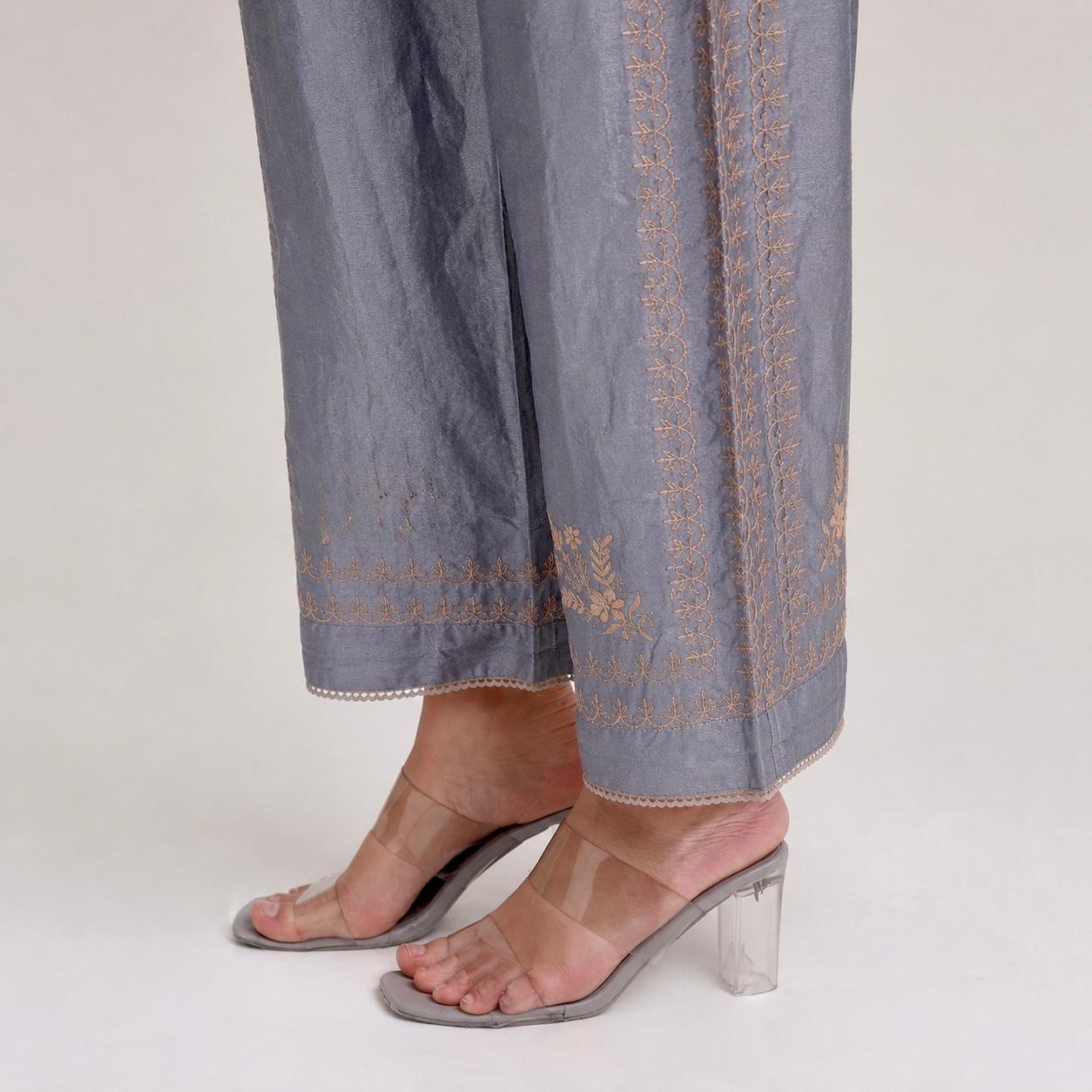 Chikankari Co ord in Dusty Blue Pure Chanderi Silk with Beige Embroidery