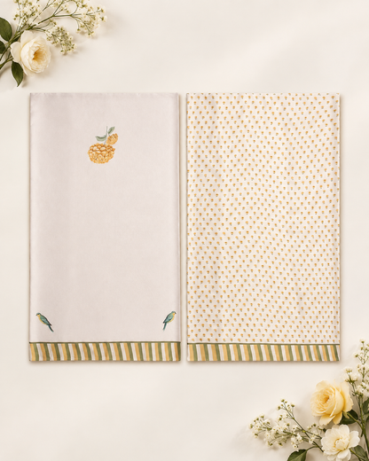 ‘Bloom Edit’ Sunlit Yellow and Antique Sage Silk Banarasi Pure Tissue Painterly Saree with 2 Blouse options