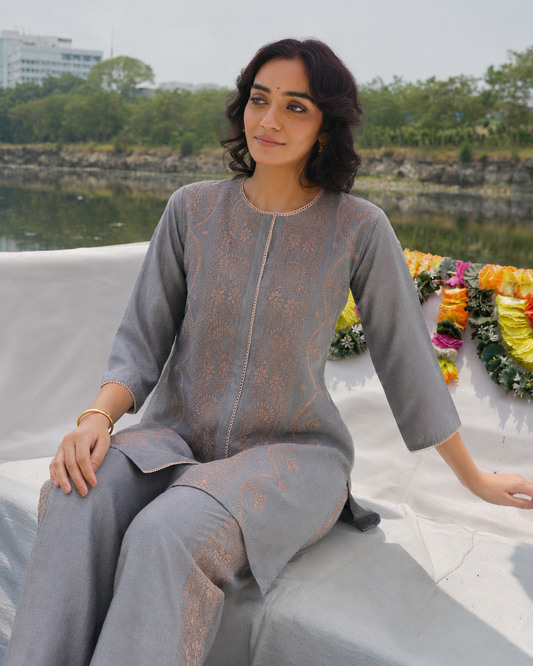 Chikankari Co ord in Dusty Blue Pure Chanderi Silk with Beige Embroidery