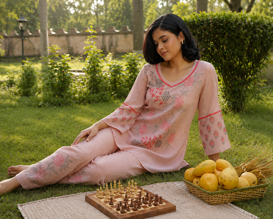 Chikankari Co ord in Blush Pure Silk tissue with Red and Dusty Green embroidery