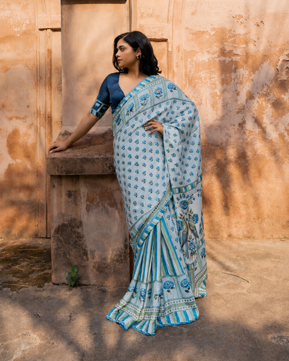 ‘Botanica Privée’ Porcelain Blue & Navy Georgette Painterly Saree